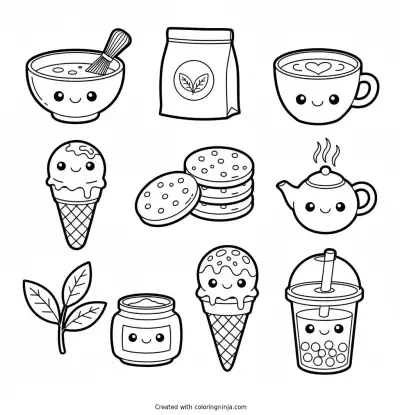 Cute Matcha Treats and Drinks Coloring Page