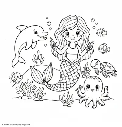 A coloring page of a mermaid and her underwater friends