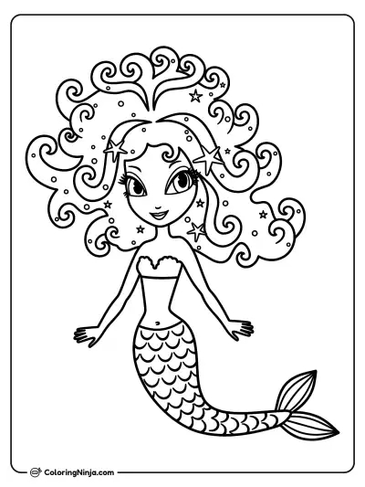Mermaid with Starfish Curly Hair Coloring Page