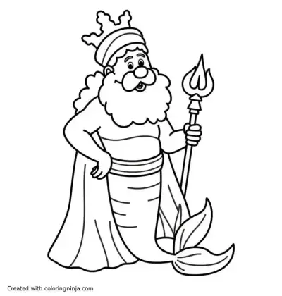 A coloring page of a merman king with a crown on his head and a staff in his hand