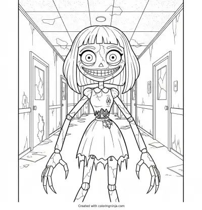 Miss Delight with a broken creepy smile in a dark hallway coloring page