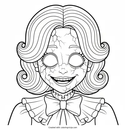 Miss Delight close-up with a cracked porcelain face coloring page