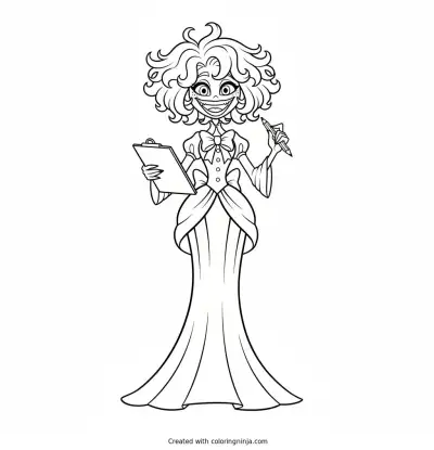 Miss Delight holding a clipboard and pencil coloring page