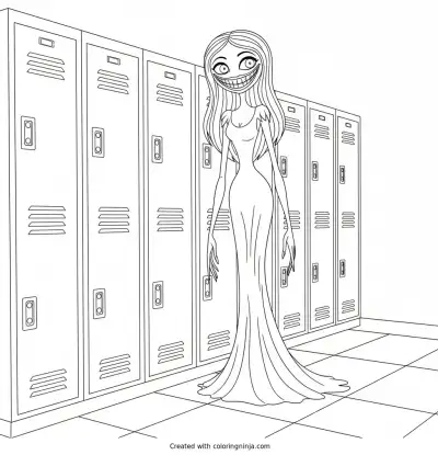 Miss Delight standing next to a school locker coloring page