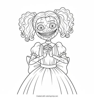 A coloring page of Miss Delight, an unsettling porcelain doll character from the horror game Poppy Playtime, with a cracked painted face and a wide creepy grin, hands clasped together