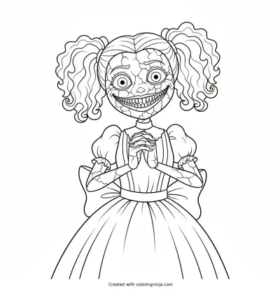 Miss Delight, an unsettling porcelain doll character from the horror game Poppy Playtime, with a cracked painted face and a wide creepy grin, hands clasped together coloring page