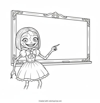 A coloring page of Miss Delight, an unsettling porcelain doll character from the horror game Poppy Playtime, with a cracked painted face and a wide creepy grin, pointing at a classroom chalkboard