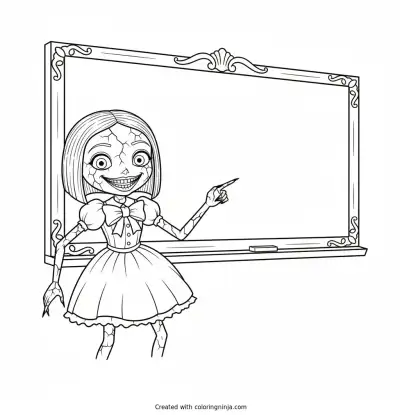 Miss Delight, an unsettling porcelain doll character from the horror game Poppy Playtime, with a cracked painted face and a wide creepy grin, pointing at a classroom chalkboard coloring page