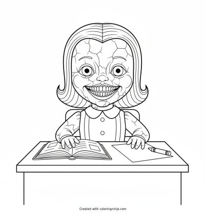 A coloring page of Miss Delight, an unsettling porcelain doll character from the horror game Poppy Playtime, with a cracked painted face and a wide creepy grin, sitting at a teacher's desk with a book