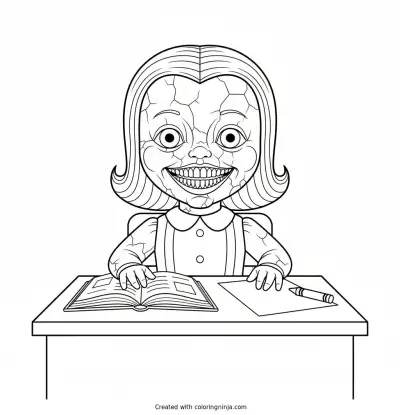 Miss Delight, an unsettling porcelain doll character from the horror game Poppy Playtime, with a cracked painted face and a wide creepy grin, sitting at a teacher's desk with a book coloring page