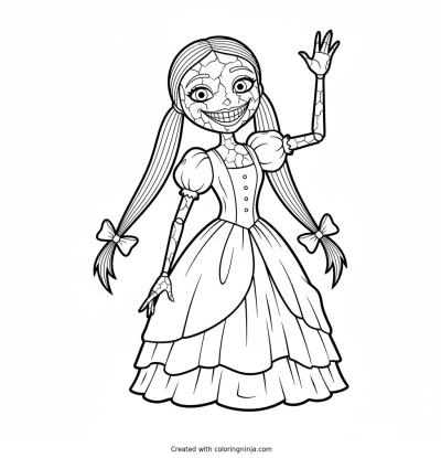 A coloring page of Miss Delight, an unsettling porcelain doll character from the horror game Poppy Playtime, with a cracked painted face and a wide creepy grin, waving hello with long pigtails