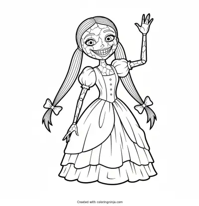 Miss Delight, an unsettling porcelain doll character from the horror game Poppy Playtime, with a cracked painted face and a wide creepy grin, waving hello with long pigtails coloring page