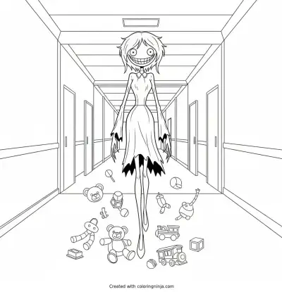 Miss Delight walking down a hallway with toys around her coloring page