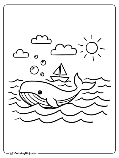 Cute Whale Swimming in the Ocean Coloring Page