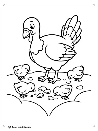 Turkey Mother and Chicks Coloring Page