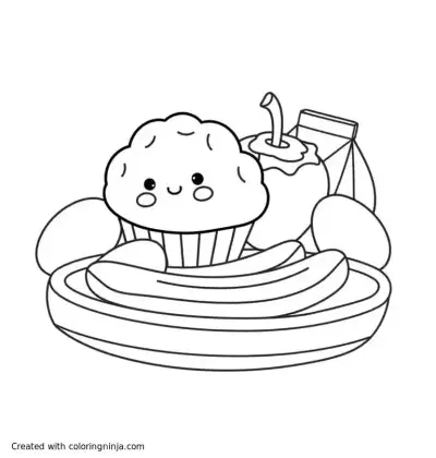 A coloring page of muffin, apple, eggs, milk carton, banana, burrito