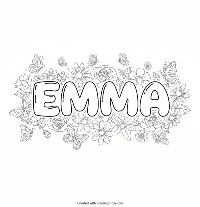 Emma with Butterflies and Flowers Coloring Page