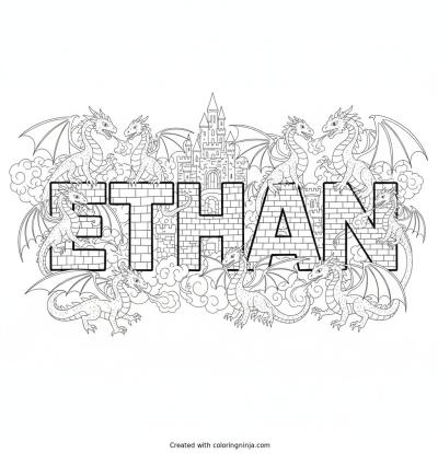 A coloring page of The name Ethan with dragons and castles around the letters