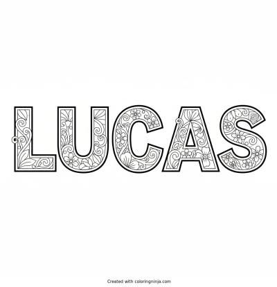 A coloring page of the name Lucas with designs to color in