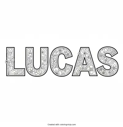A coloring page of the name Lucas with designs to color in