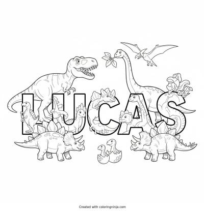 A coloring page of the name Lucas with dinosaurs around it to color in