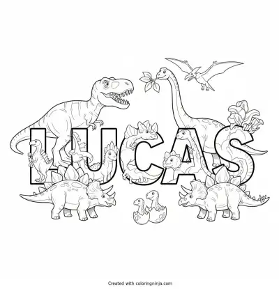 A coloring page of the name Lucas with dinosaurs around it to color in