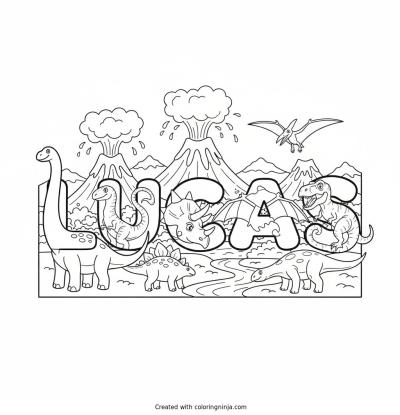 A coloring page of The name Lucas with dinosaurs and volcanoes in the background