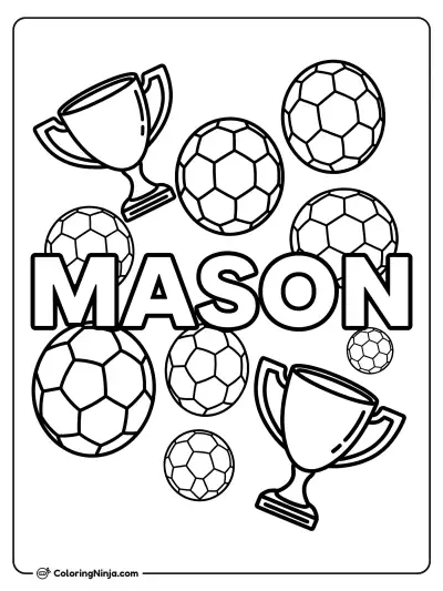 Nombre Mason con Balones de Fútbol y Trofeos