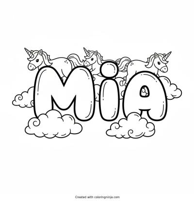 A coloring page of The name Mia with unicorns and clouds around the letters