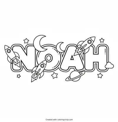 The Name Noah with Rockets and Planets Around It Coloring Page