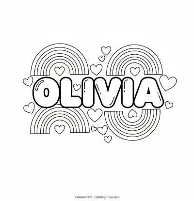 The Name Olivia with Hearts and Rainbows Around It Coloring Page
