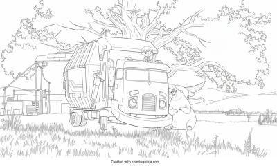 A coloring page of netflix trash truck