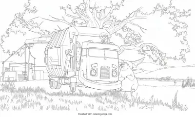 A coloring page of netflix trash truck