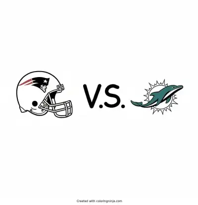 A coloring page of New England patriots logo then a v.s. Symbol then a Miami Dolphins logo BIG