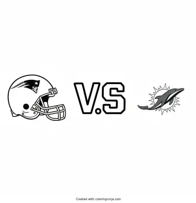 A coloring page of New England patriots logo then a v.s. Symbol then a Miami Dolphins logo