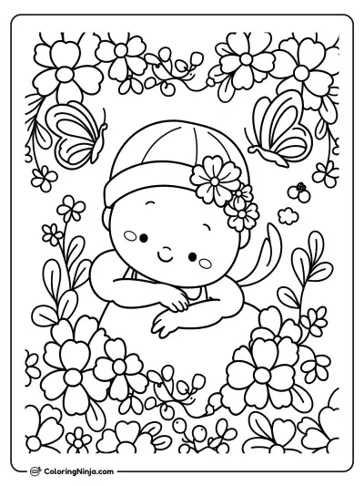 Bebé sonriente entre flores y mariposas