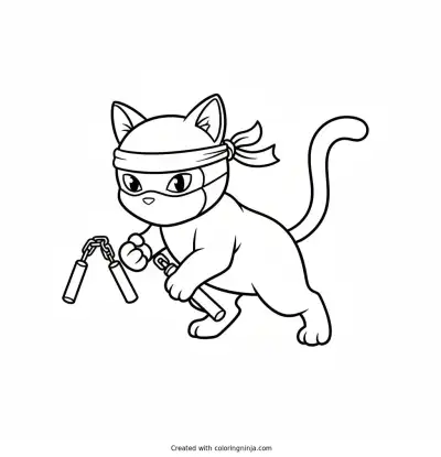 Ninja Cat Wearing a Headband and Mask Coloring Page