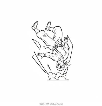 A coloring page of Ninja doing a backflip