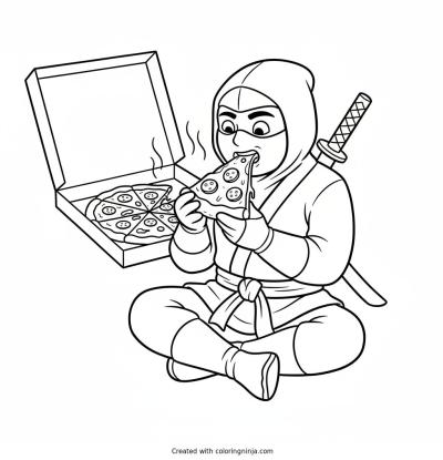 A coloring page of Ninja eating a slice of pizza