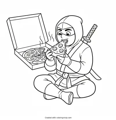 Ninja Eating a Slice of Pizza Coloring Page