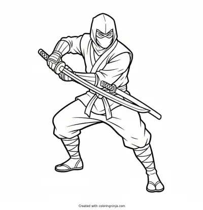 Ninja Holding a Katana Sword in a Ready Stance Coloring Page