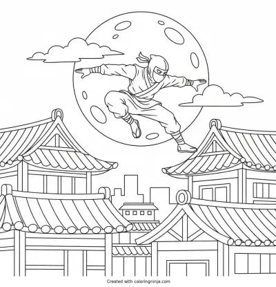 Ninja Jumping Between Rooftops under a Full Moon Coloring Page