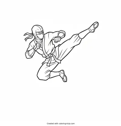 Ninja Warrior in a Dynamic Kung Fu Kick Pose Coloring Page
