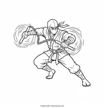 A coloring page of Ninja warrior with nunchucks