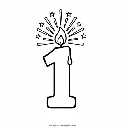 A coloring page of Number 1 shaped like a birthday candle with sparkles