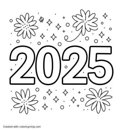 A coloring page of number 2025 with fireworks