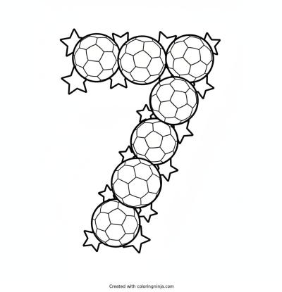 A coloring page of Number 7 decorated with soccer balls and stars for a birthday