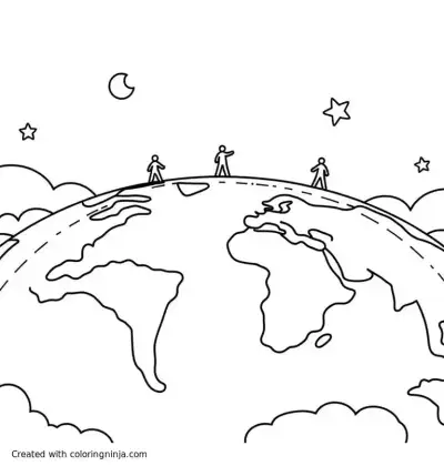 A coloring page of o	Image: A wide, panoramic view of the world with tiny figures walking across it. Sun and stars are visible.