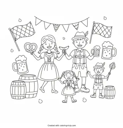 A coloring page of oktoberfest family party
