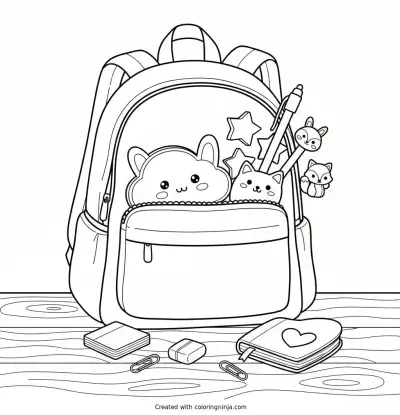 School Desk Backpack Supplies Coloring Page